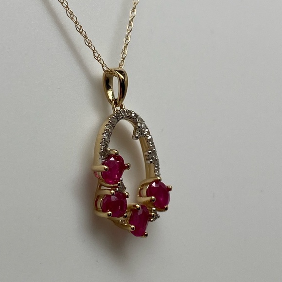 10K Yellow Gold Ruby and Diamond Cluster Pendant with Chain Natural Gemstones - Picture 11 of 16